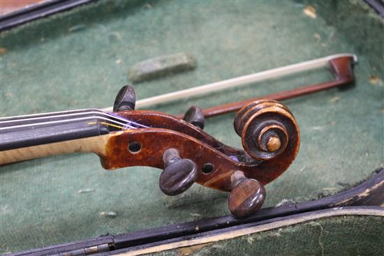 A 19th century violin, two piece back, cased with a later bow